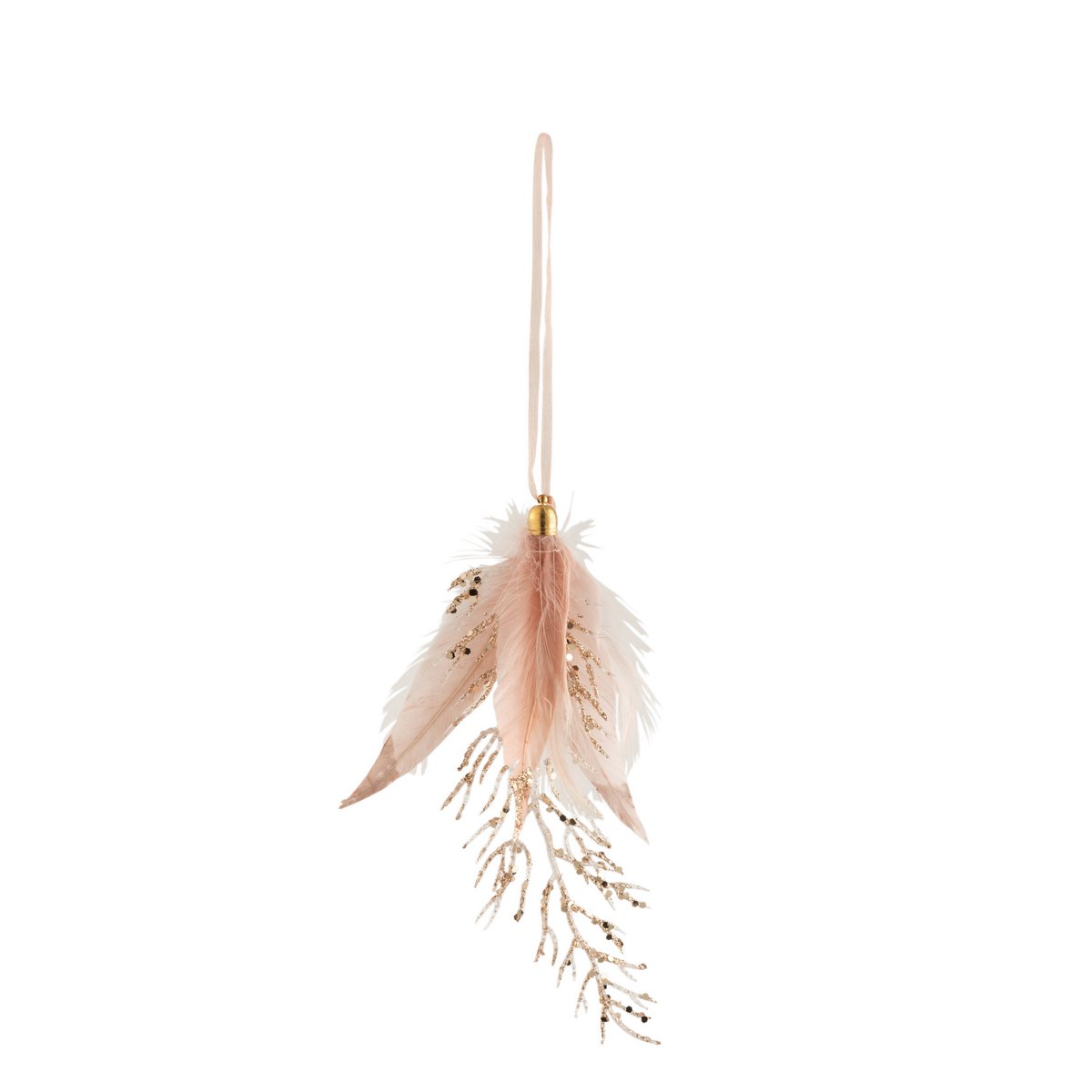 Vue rapprochée du pendentif J-Line montrant les plumes délicates