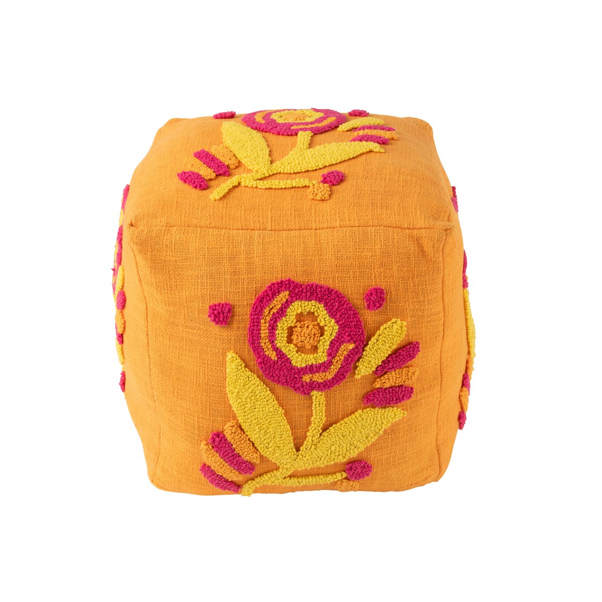 Pouf Carré Fleur J-Line en coton orange, rose et jaune, vue de face