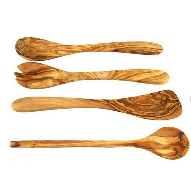 Set de cuisine en bois d'olivier - spatule, cuillère et couverts à salade