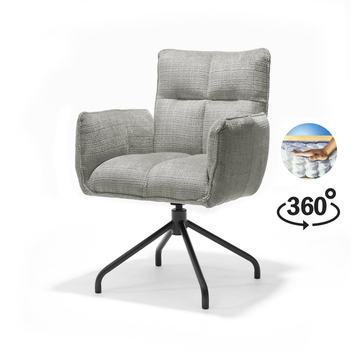 Fauteuil Nova en tissu Cremona gris avec structure rotative noire