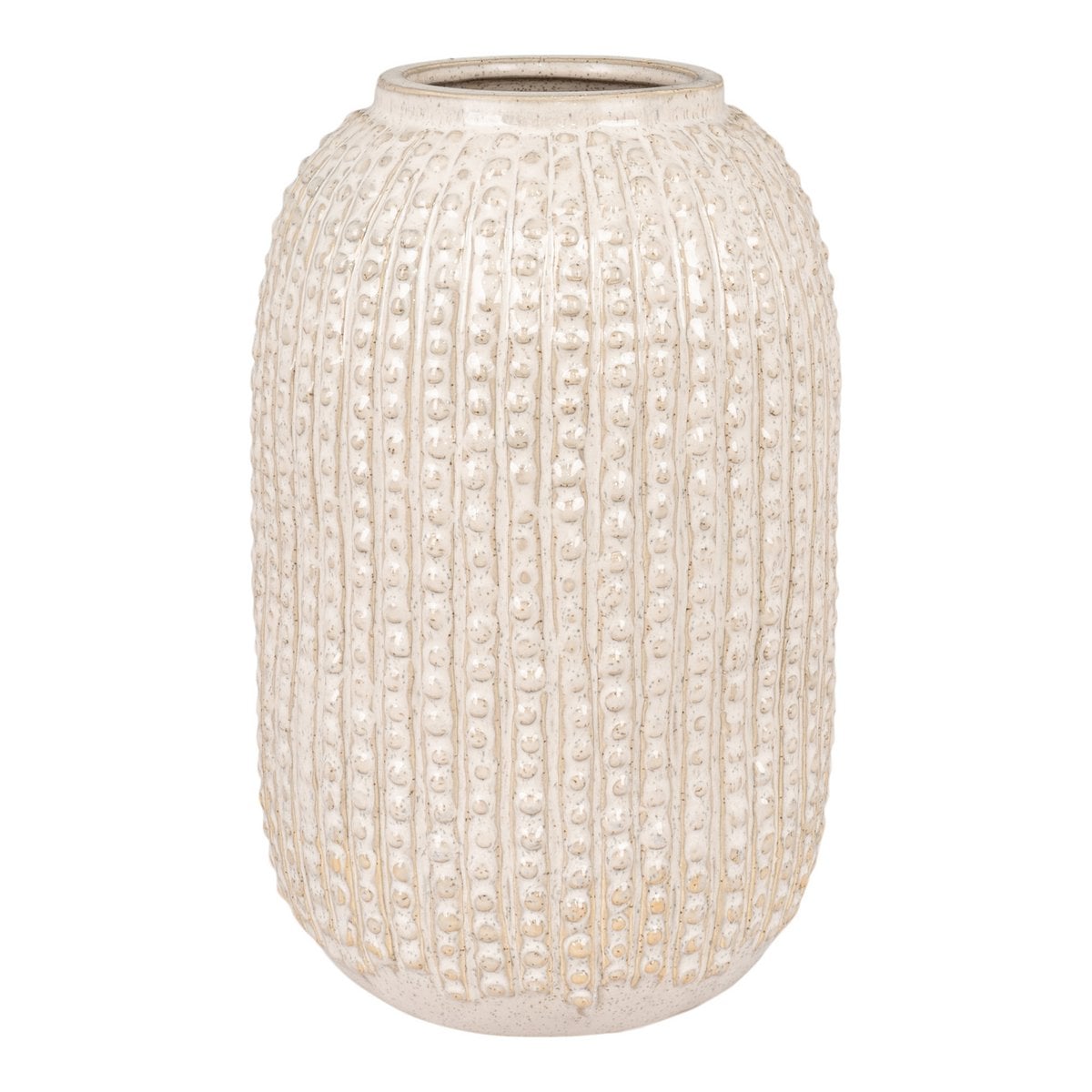 Vase en grès beige avec surface texturée et empreintes circulaires