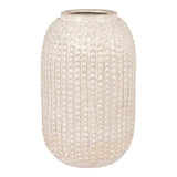 Vase en grès beige avec surface texturée et empreintes circulaires