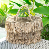 Grand sac panier Boho en raphia et jonc de mer avec franges – Sac fourre-tout d’été fait main TOBA