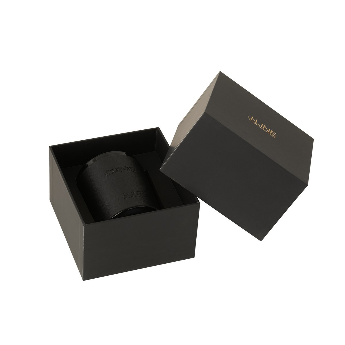 Bougie parfumée J-Line avec couvercle en cuir noir, détail du design
