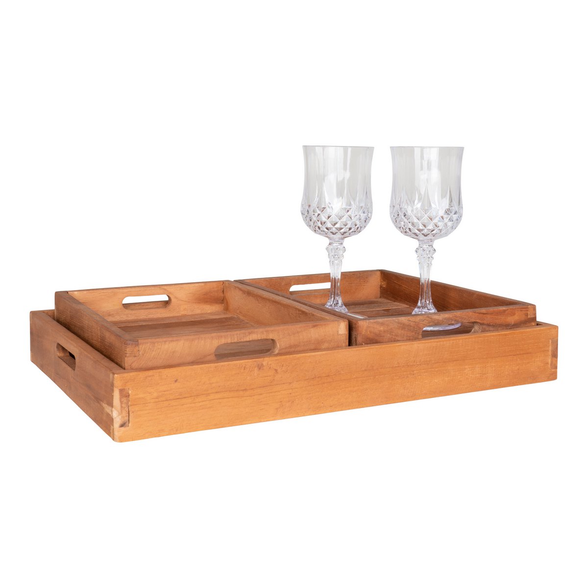 Set de trois plateaux Faro en teck naturel sur une table en bois