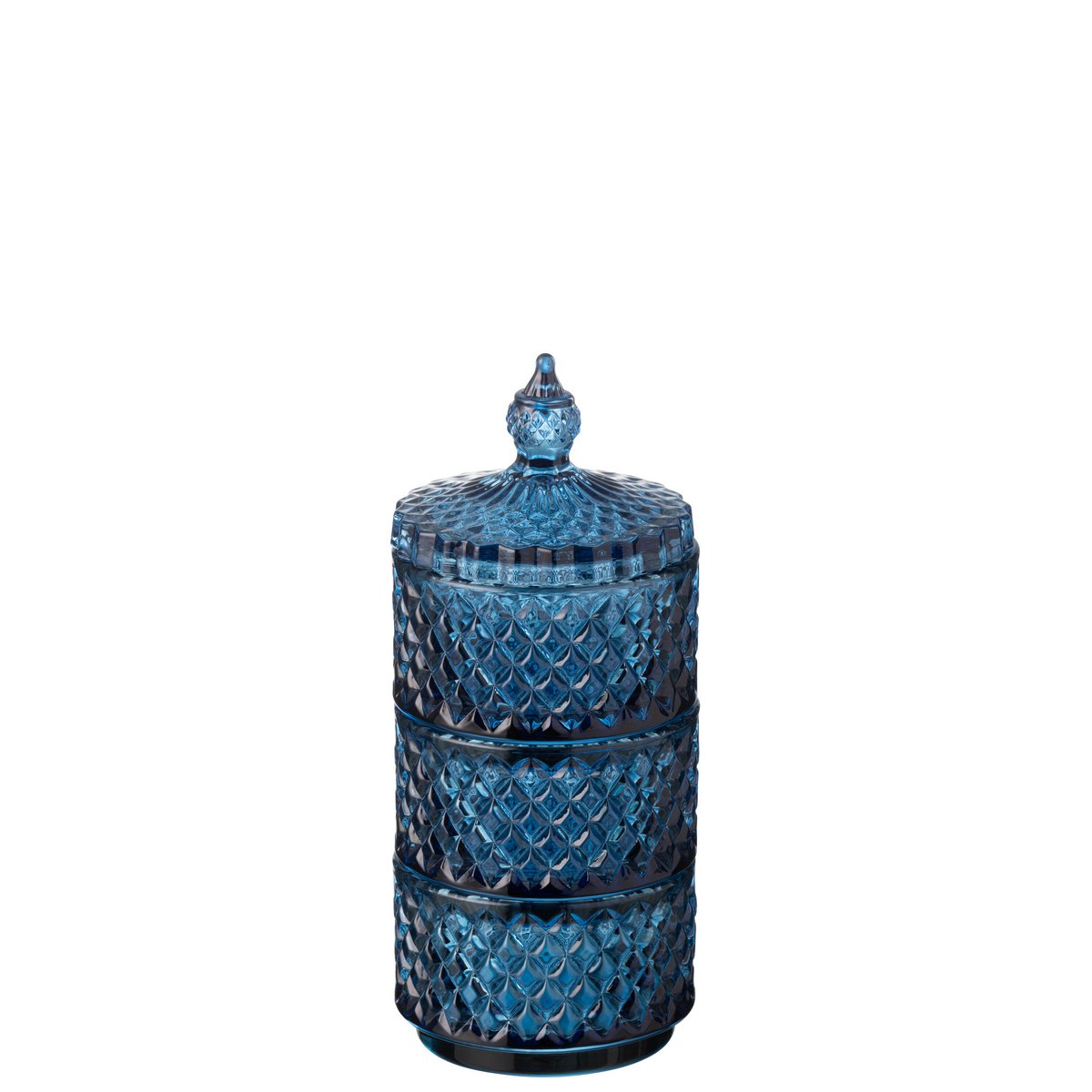 Pot de conservation J-Line en verre bleu, élégant et fonctionnel.