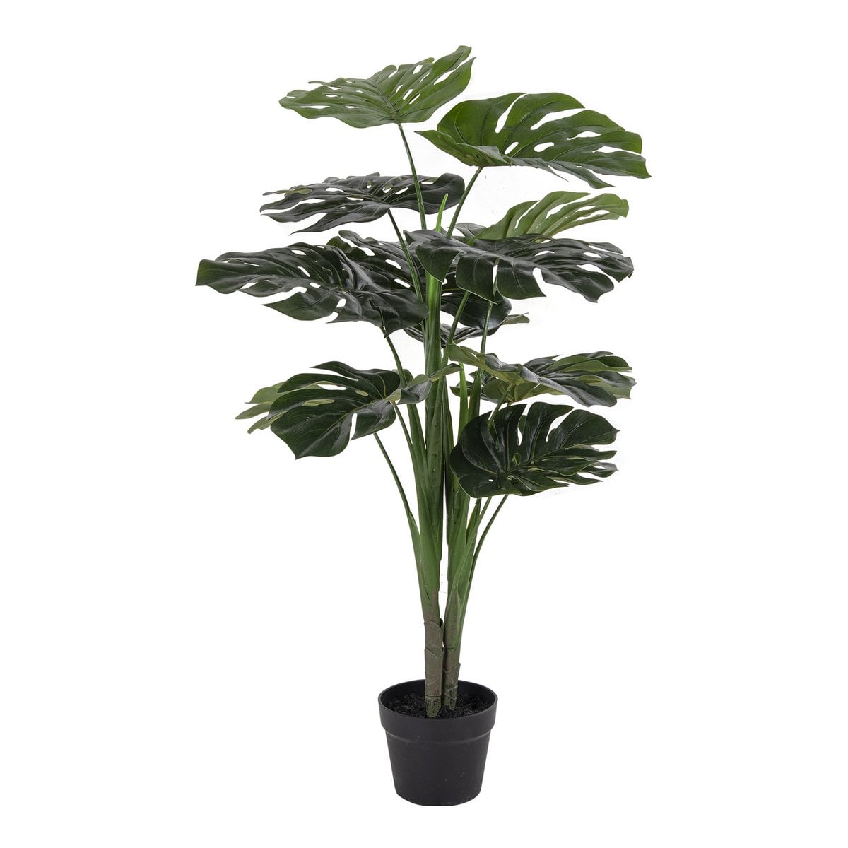 Plante artificielle Monstera vue d'ensemble, feuilles vertes luxuriantes