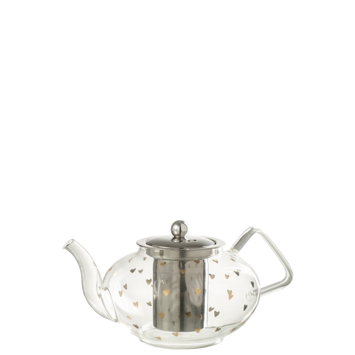 Théière J-Line en verre transparent, vue latérale mettant en valeur le design