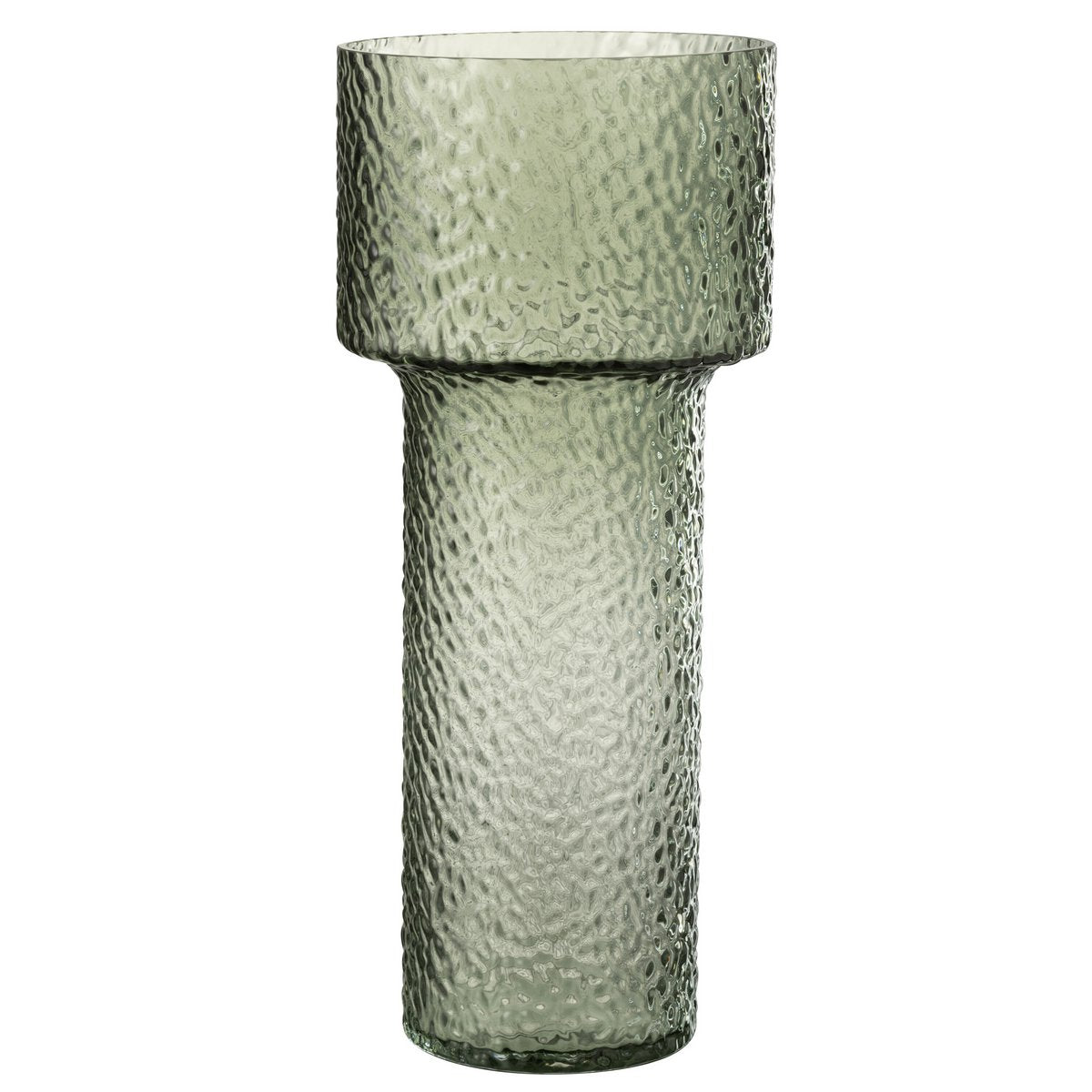 Vase en verre vert J-Line, vue de face avec détails du verre