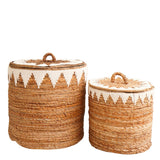 Panier à linge avec couvercle tissé à la main en fibre de banane EMPAT Grand panier décoratif avec macramé en coton blanc (2 tailles)