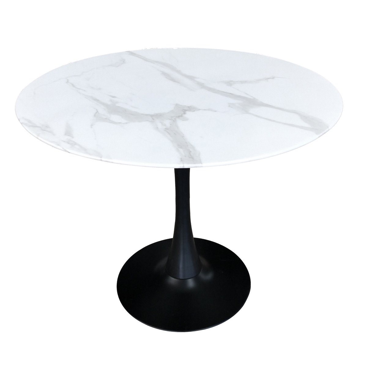 Table ronde en verre marbré avec base en métal noir, vue d'ensemble