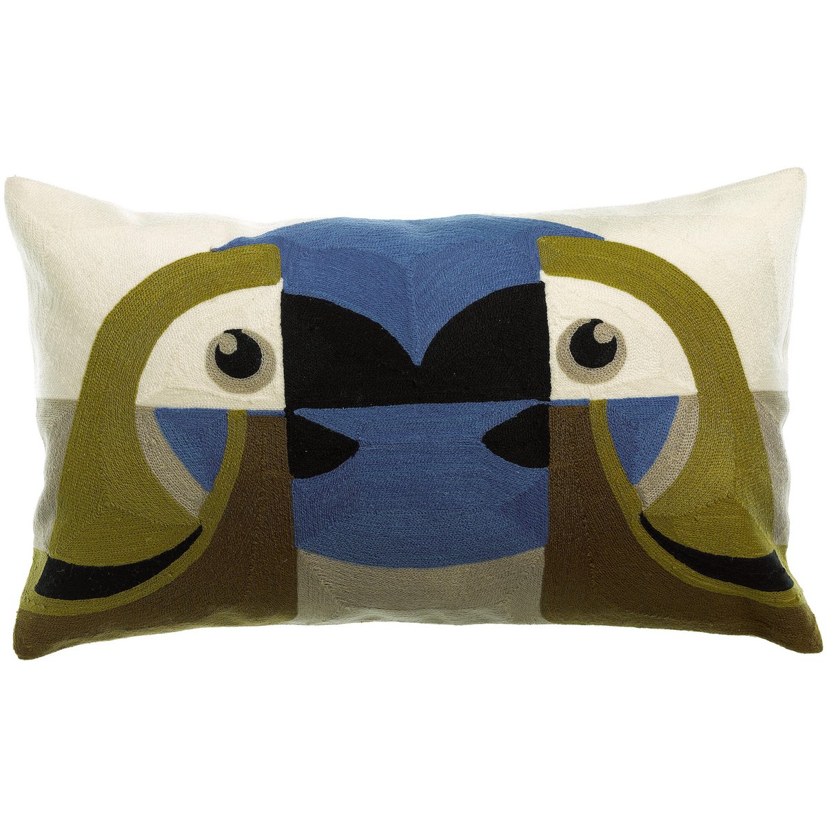 Coussin brodé Loro Cèdre 30x50 avec perroquet stylisé sur toile coton