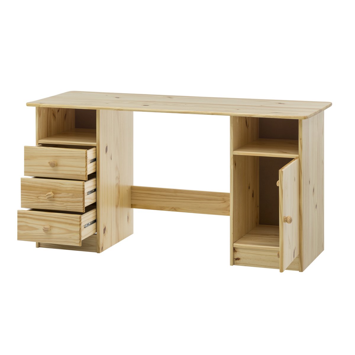 Détail du bureau en bois avec compartiments ouverts et tiroirs