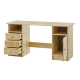 Détail du bureau en bois avec compartiments ouverts et tiroirs