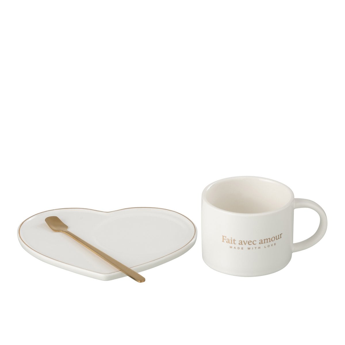 Ensemble J-Line : tasse, soucoupe et cuillère en porcelaine blanche