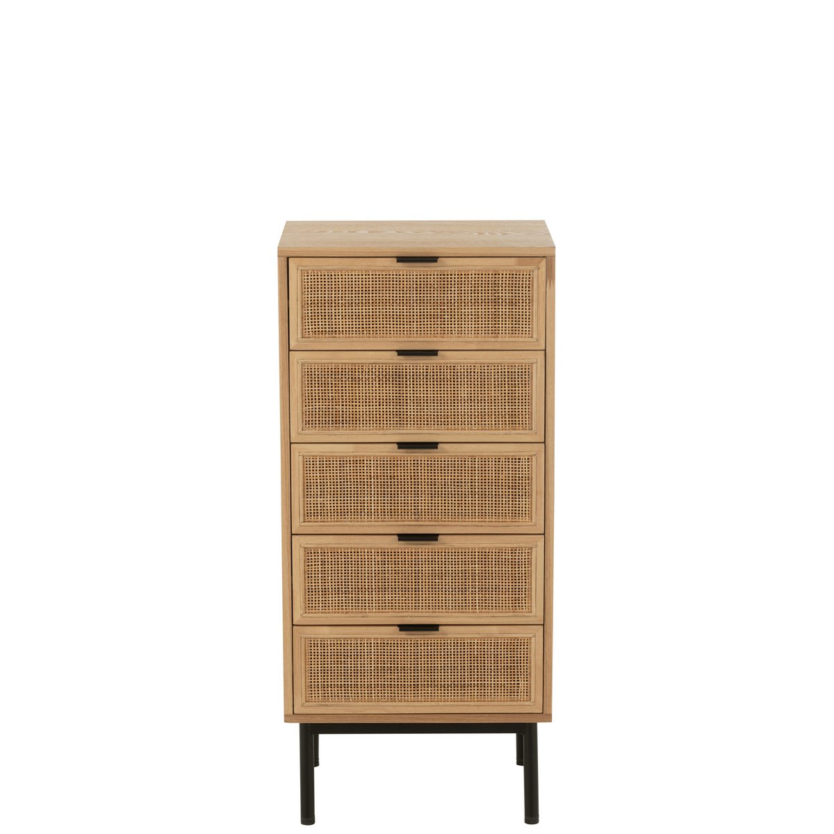 Commode J-Line 5 tiroirs en bois naturel et métal noir vue avant