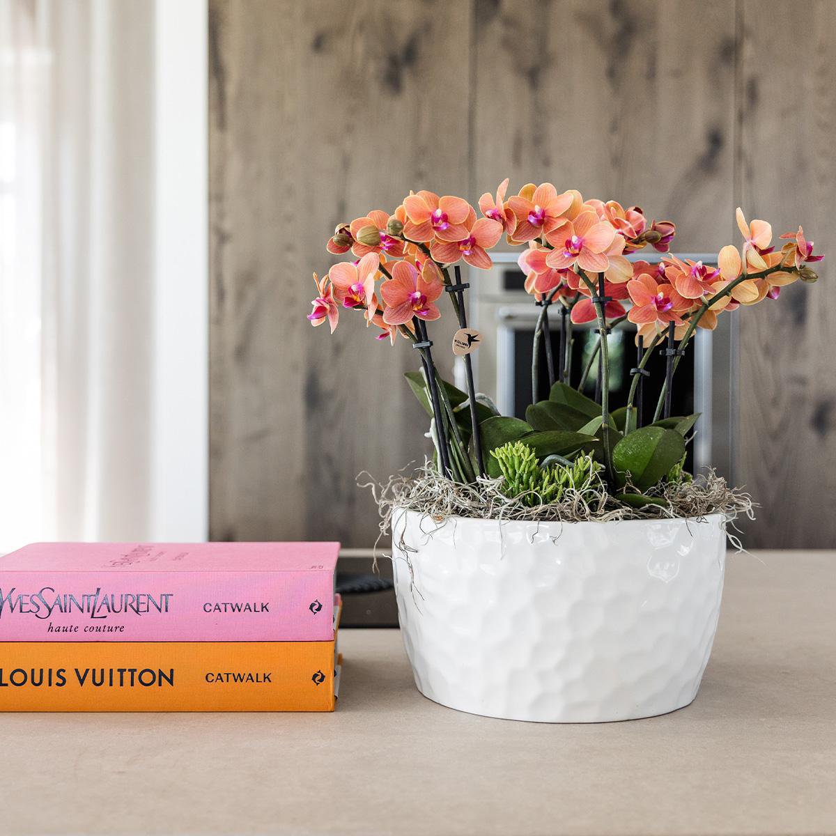 Bol à miel avec bouquet d'orchidées orange et plantes vertes