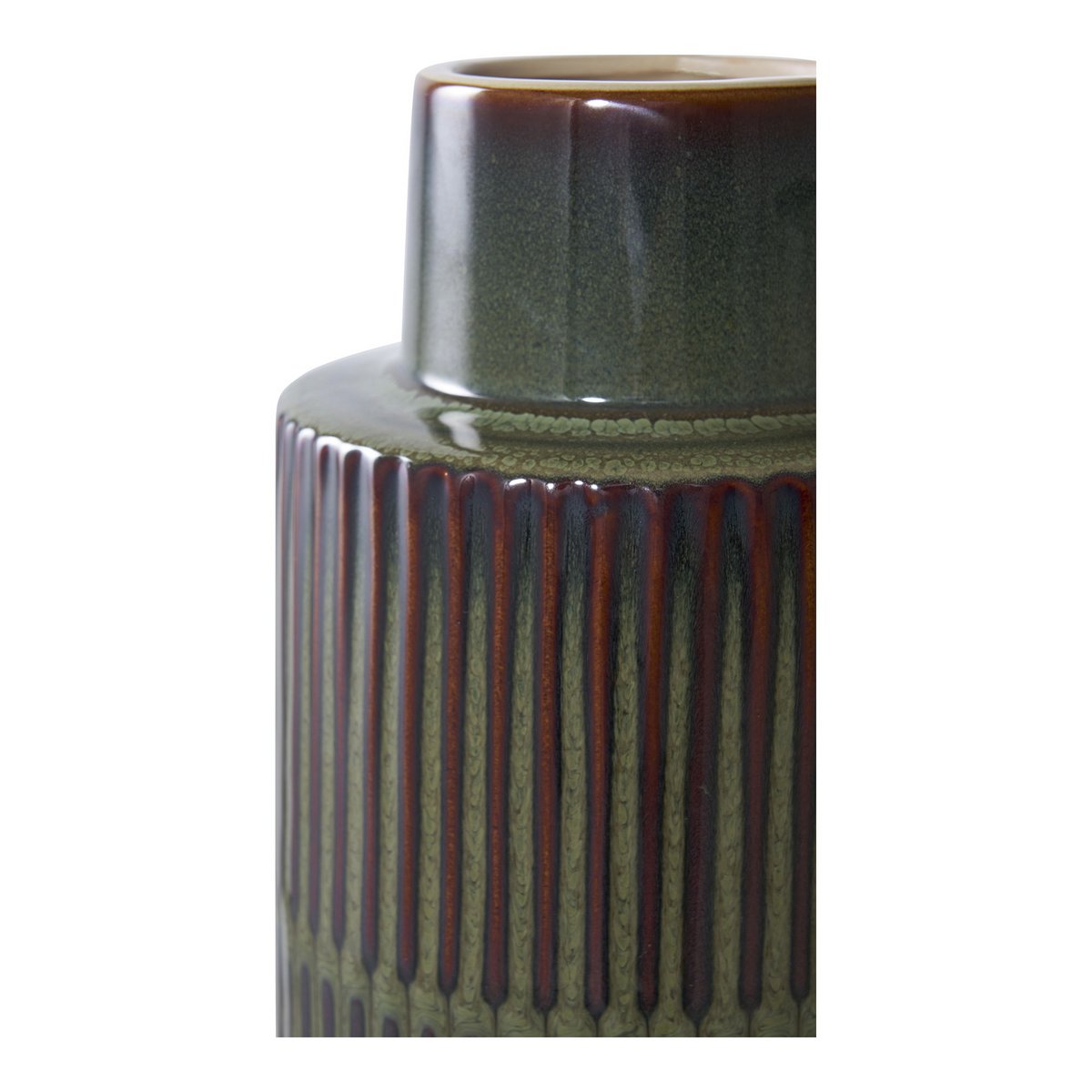 Vue latérale du vase en céramique vert et marron