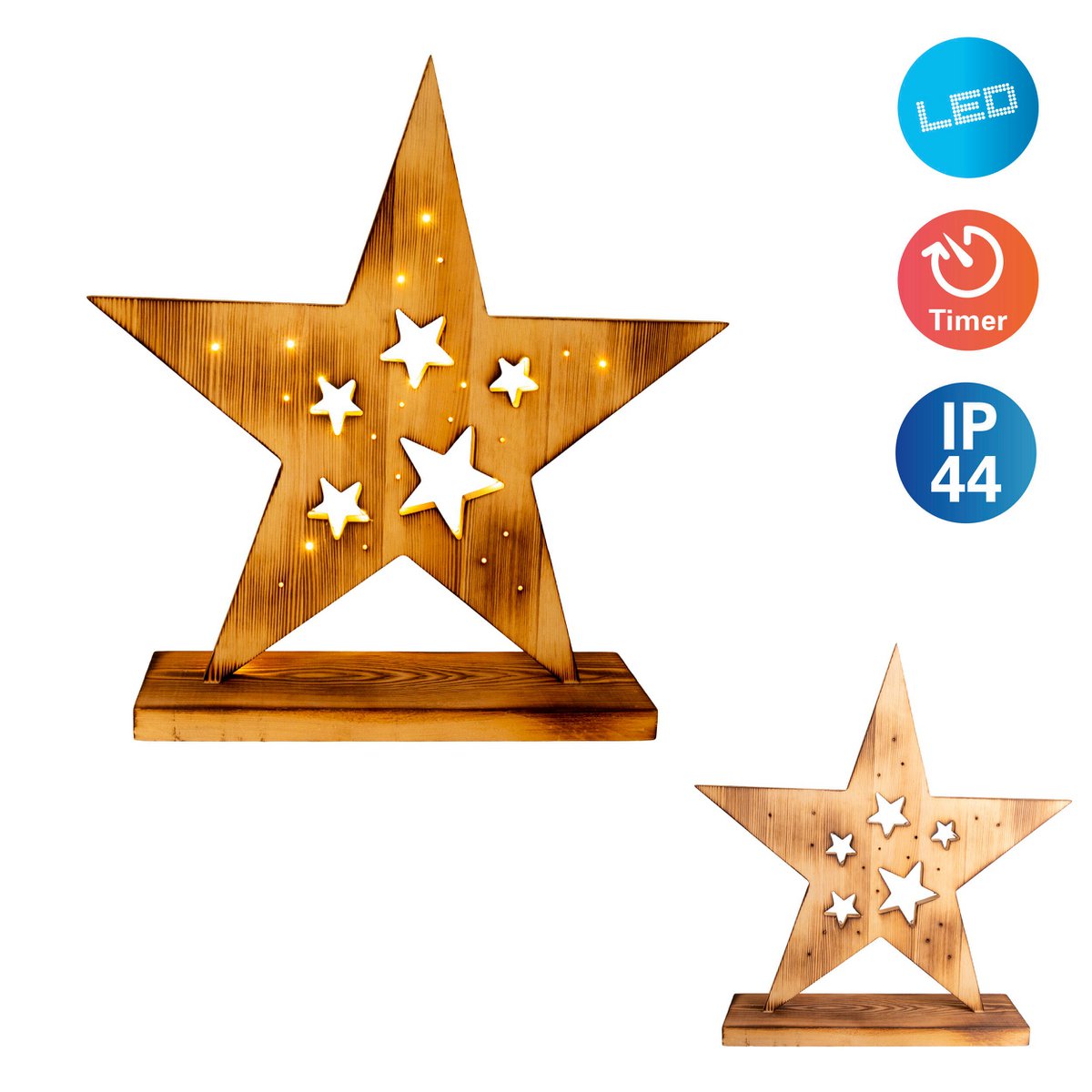 LED Wood Star 49 cm de haut, décorations de Noël en bois dans la nature, avec des LED fermement installés