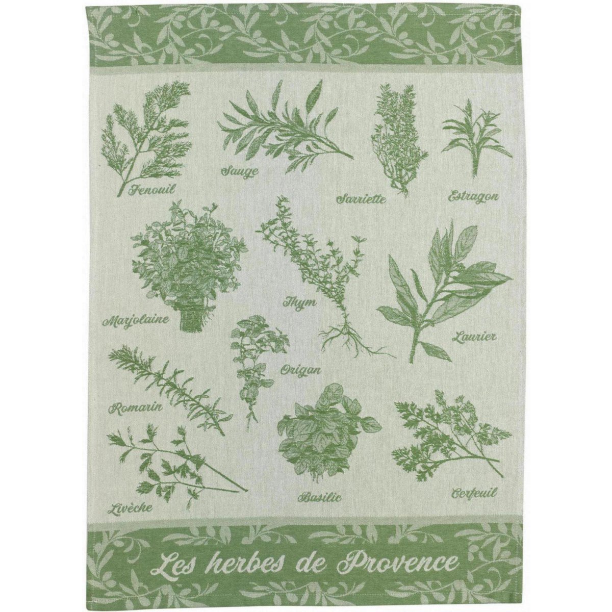 Torchon jacquard Herbes de Provence Vert, élégant et raffiné