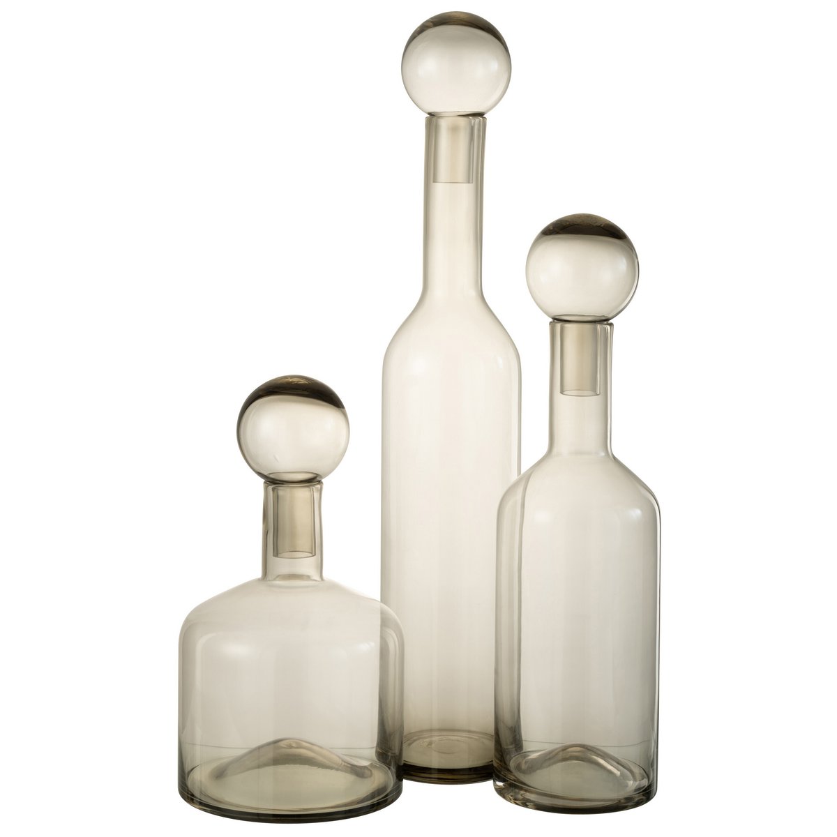 Détail de la bouteille déco Norma en verre gris sur une table moderne