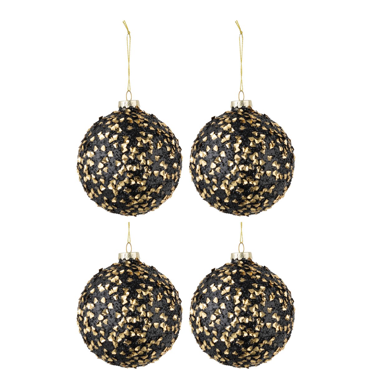 Coffret de 4 boules de Noël J-Line en verre noir et doré, paillettes scintillantes
