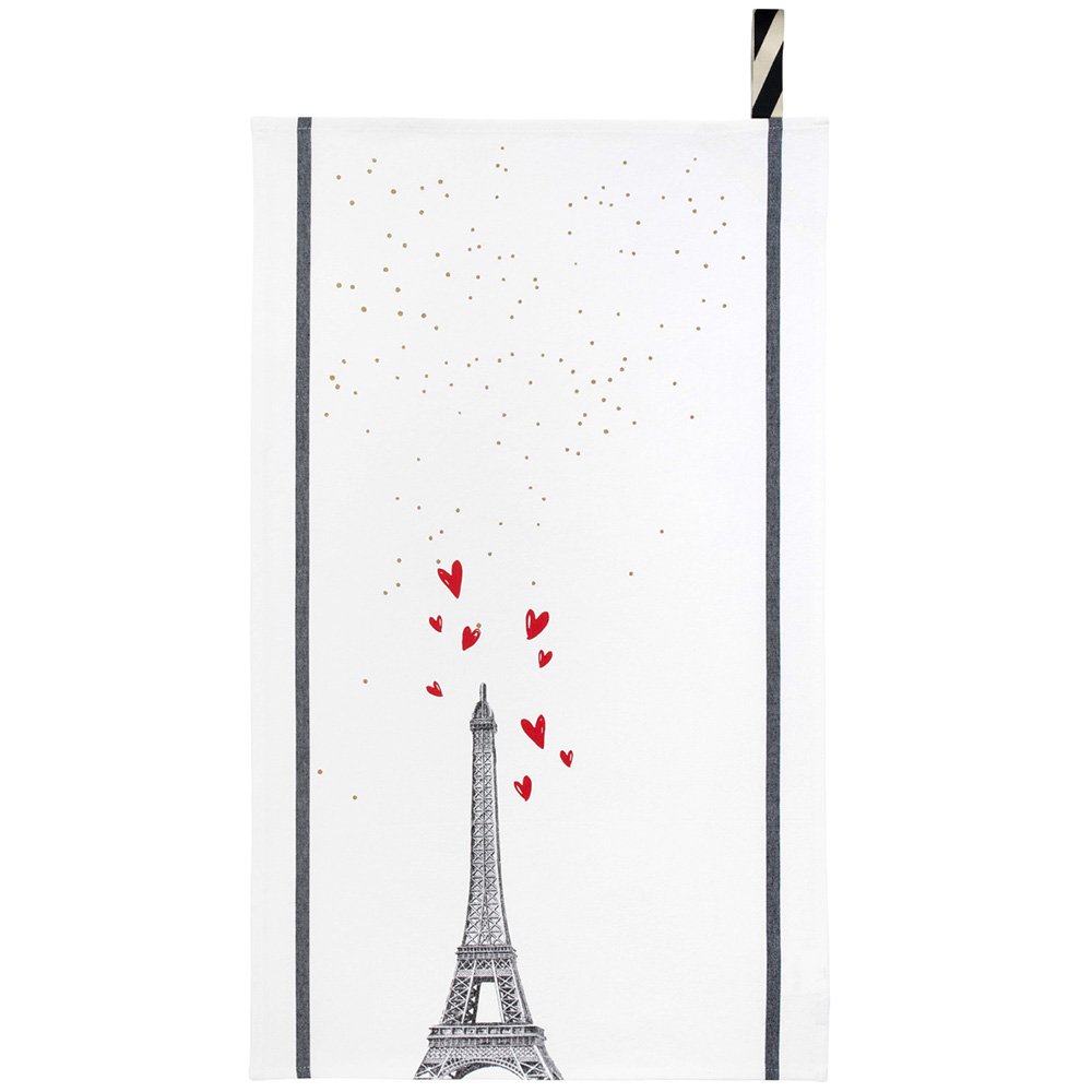 Torchon Eiffel Coeurs Blanc 50 x 70 - design élégant avec motifs de cœurs