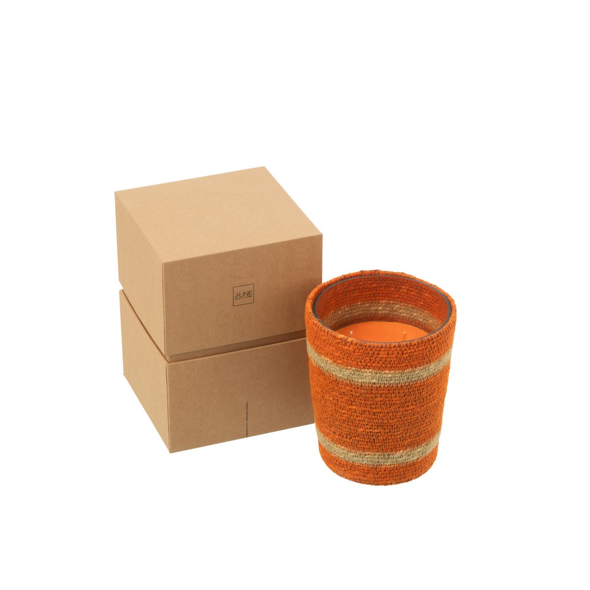 Bougie parfumée J-Line dans un panier orange, vue de face
