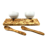 Ensemble de 2 bols à trempette ronds en porcelaine (Ø 8,5 cm) avec 2 cuillères sur bois d'olivier