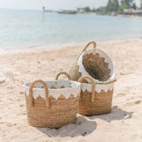 Paniers ronds en jonc de mer avec cordons en coton blanc WAIGEO (3 tailles) Panier à linge ou de rangement décoratif