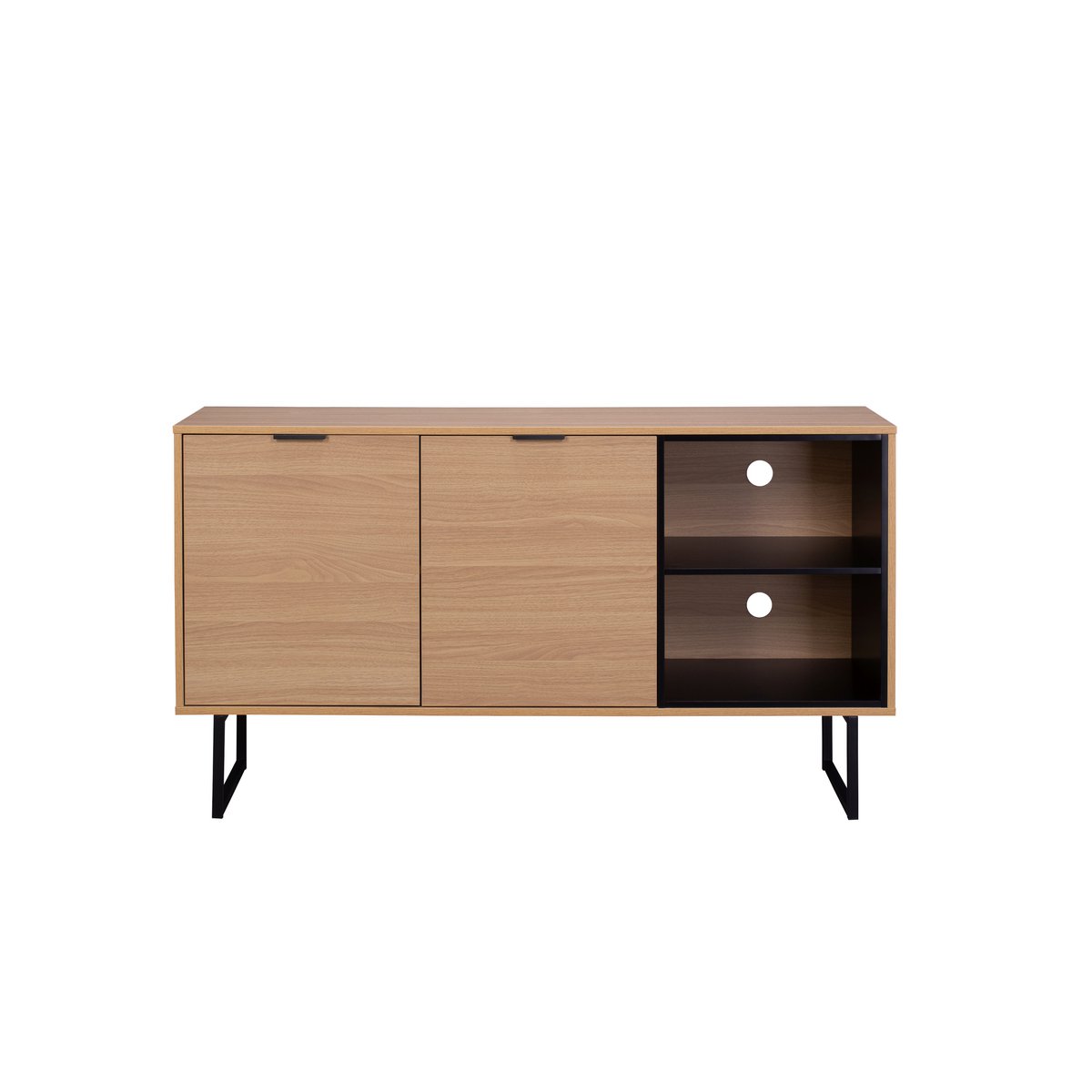 Buffet en bois et métal noir avec deux portes et compartiments ouverts