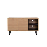 Buffet en bois et métal noir avec deux portes et compartiments ouverts