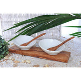 Set de 2 bols à dips DESIGN en porcelaine avec 2 cuillères sur bois d'olivier