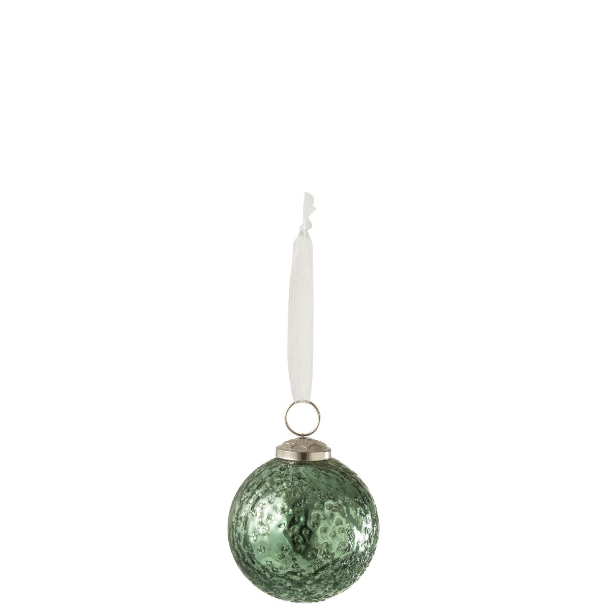 Détail de la boule de Noël J-Line en verre vert, motifs scintillants
