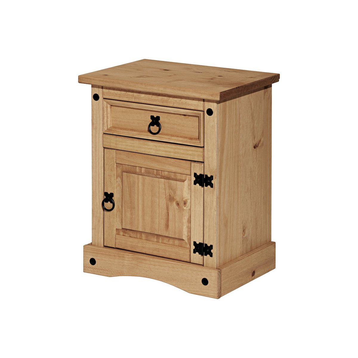 Table de chevet en bois massif avec finition miel et détails noirs