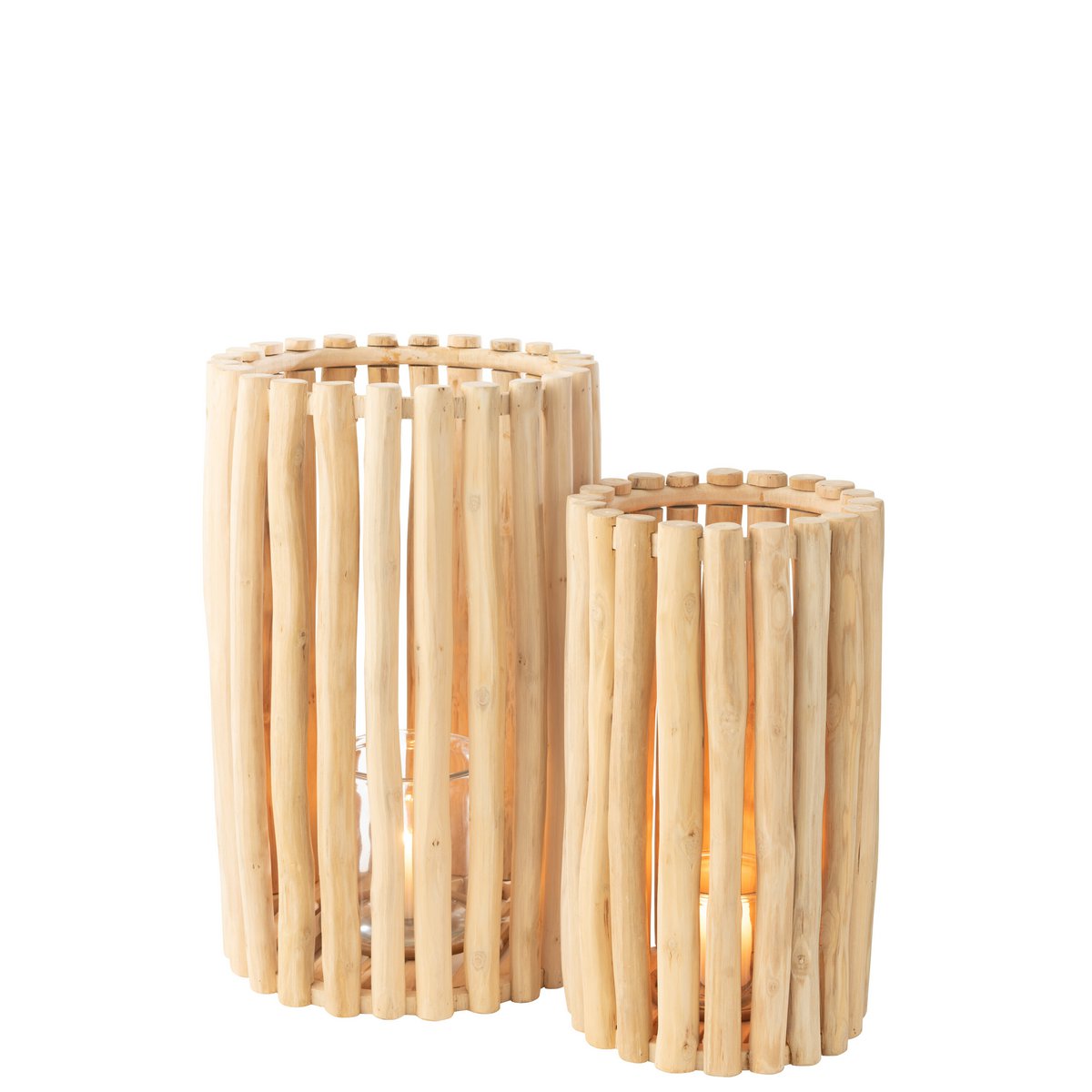 Lanterne J-Line en bois naturel vue de face, ambiance chaleureuse