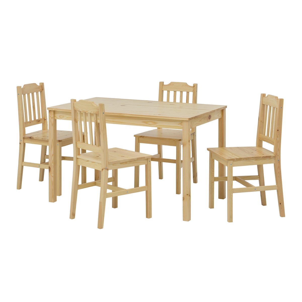 Vue rapprochée de la table en bois de pin de l'ensemble salle à manger Moebilia