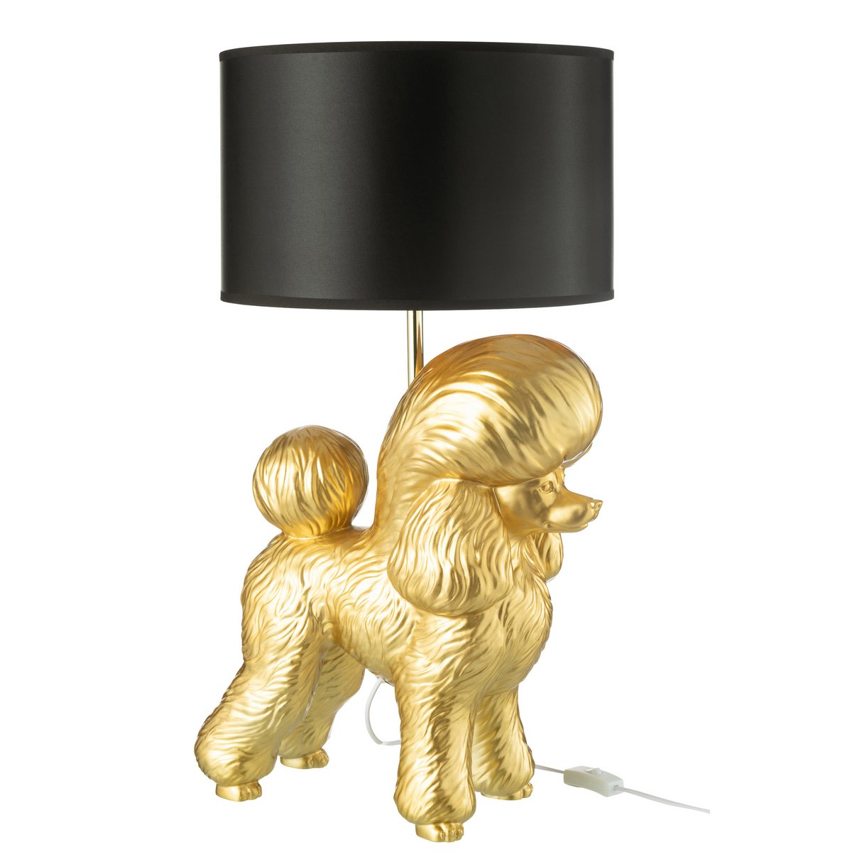 Détail de la lampe Chien Caniche en résine dorée