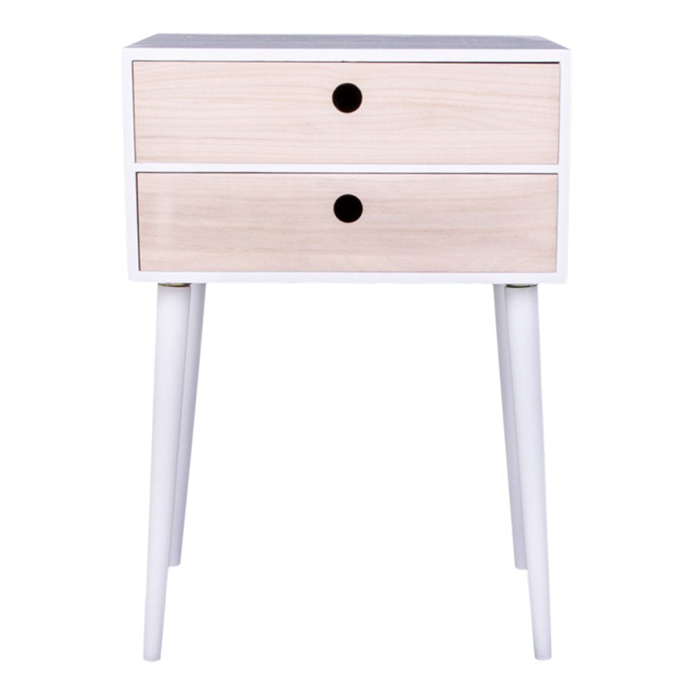Détail des tiroirs en bois naturel de la table Rimini