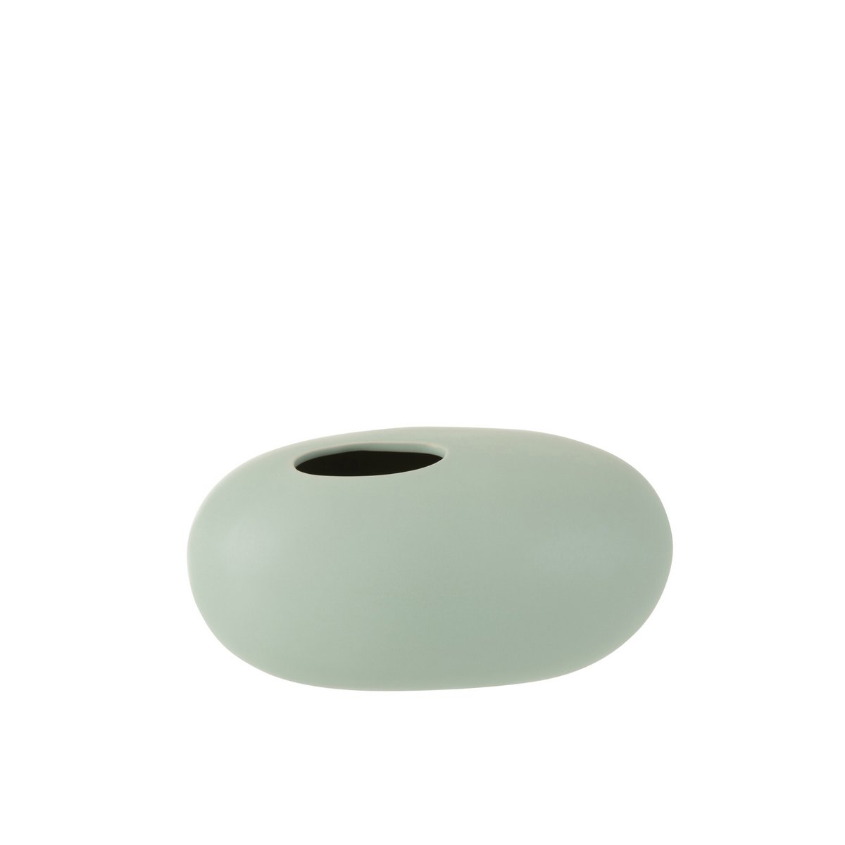 Vase J-Line ovale vert pastel, en situation dans un salon moderne