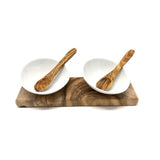 Set de 2 bols à dips DESIGN en porcelaine avec 2 cuillères sur bois d'olivier
