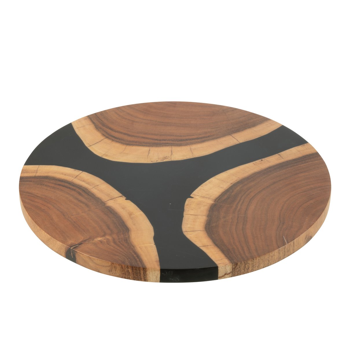 Détail de la planche à découper J-Line, mettant en valeur la texture du bois et la finition noire