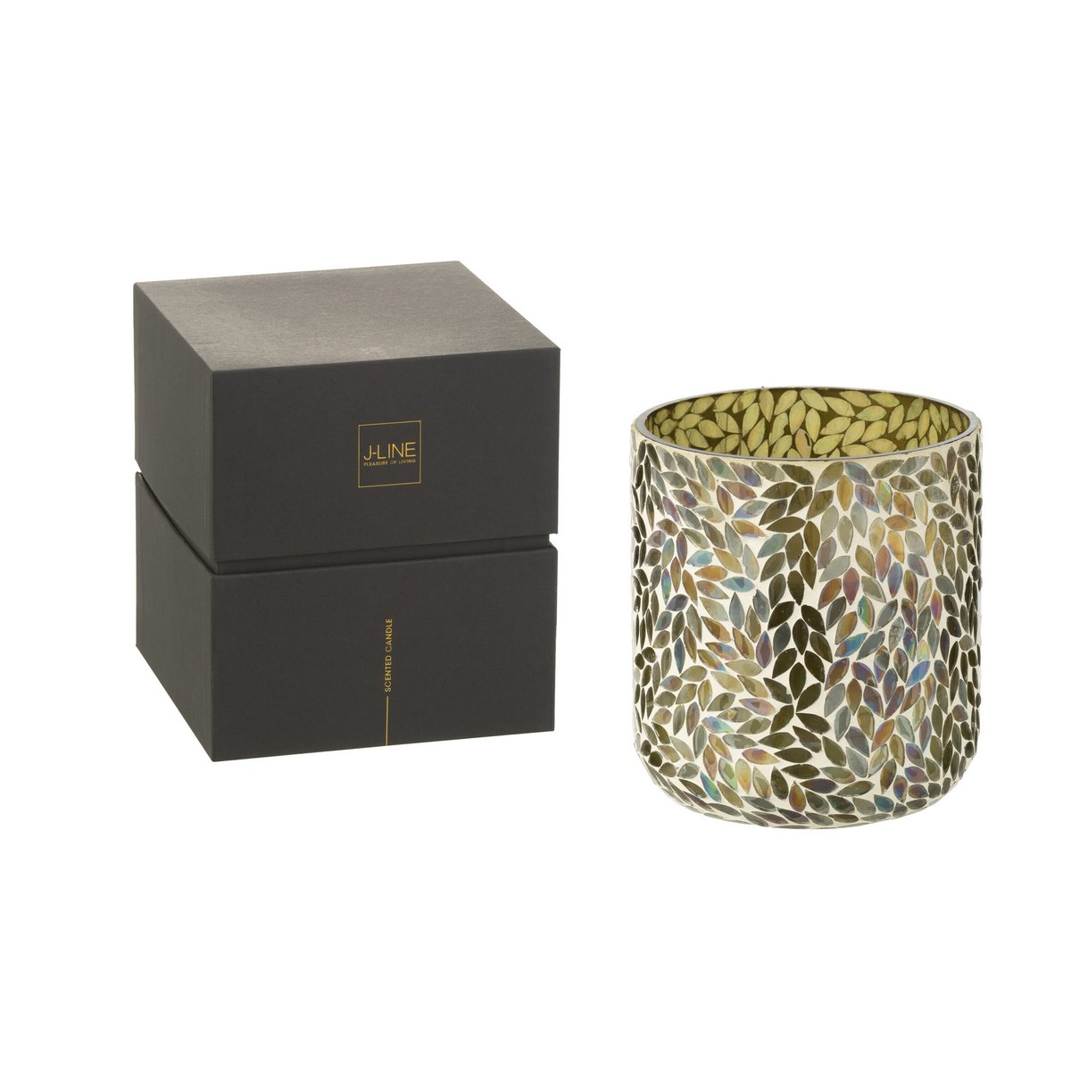 Bougie parfumée J-Line Thé & Herbes avec son étiquette, mise en scène décorative