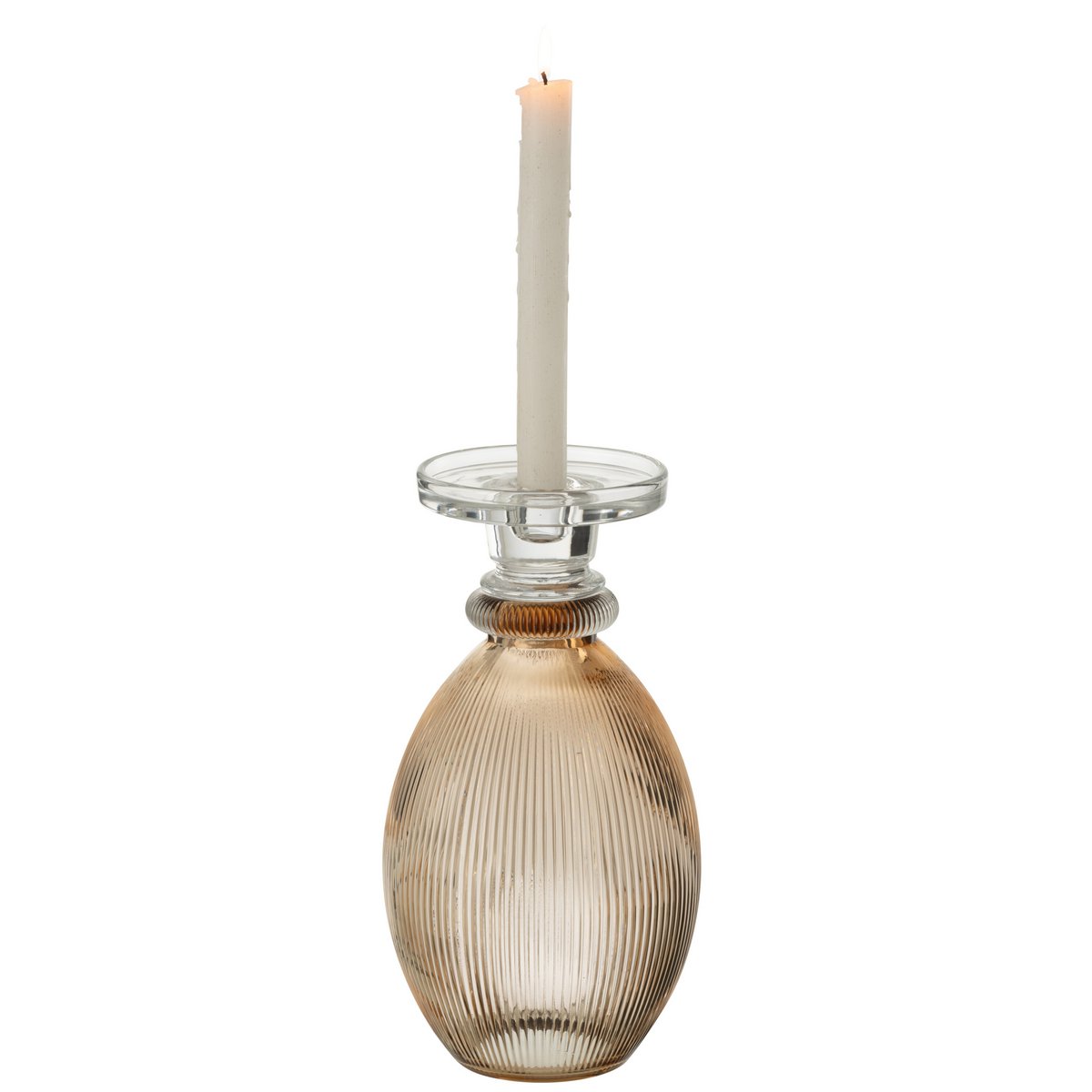 Bougeoir/Vase Malik en verre taupe, mise en scène sur table