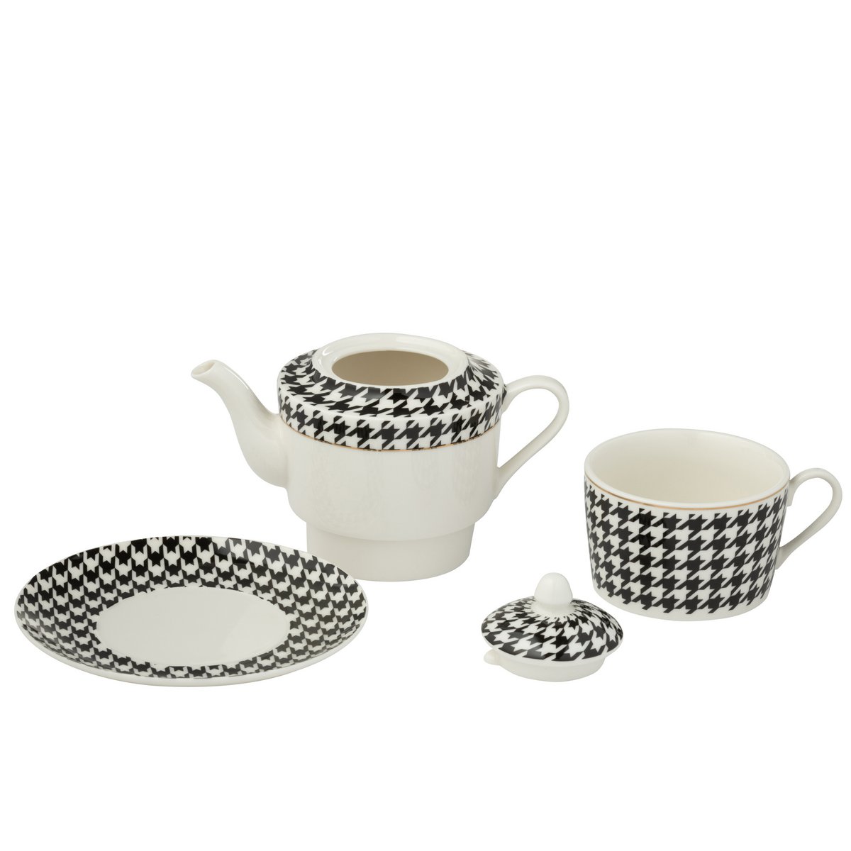 Théière J-Line en porcelaine avec motif pied-de-poule, blanc et noir.