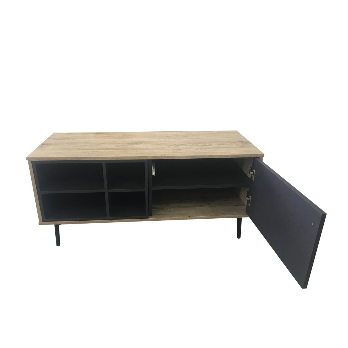 Vue latérale de la table basse en bois et métal