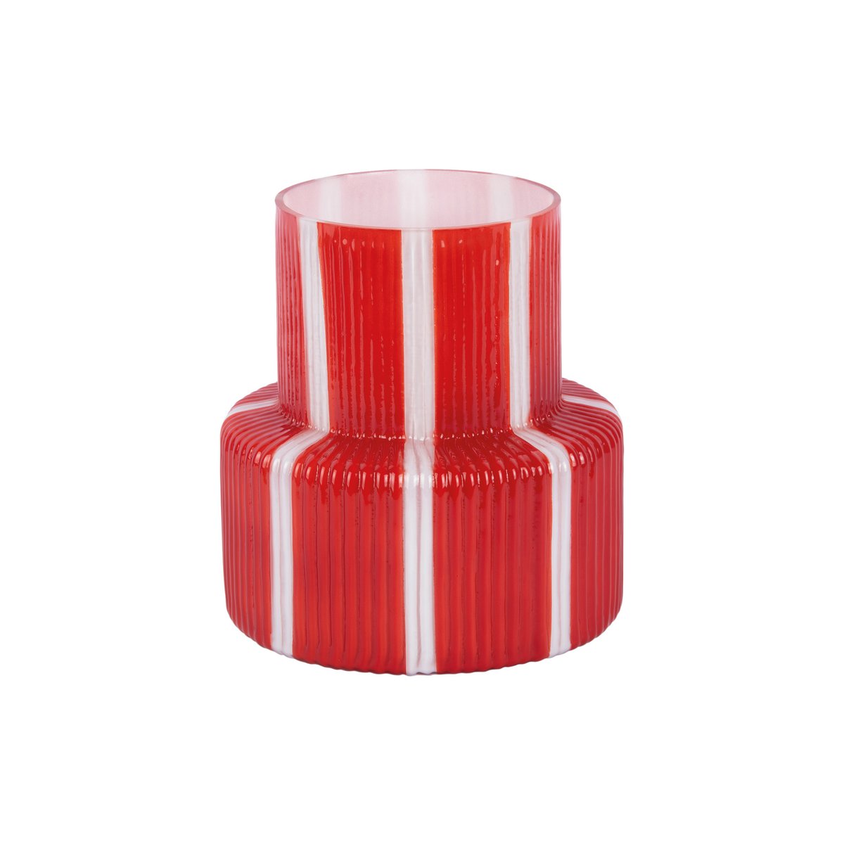 Vase rétro en verre à larges rayures rouges, vue de face