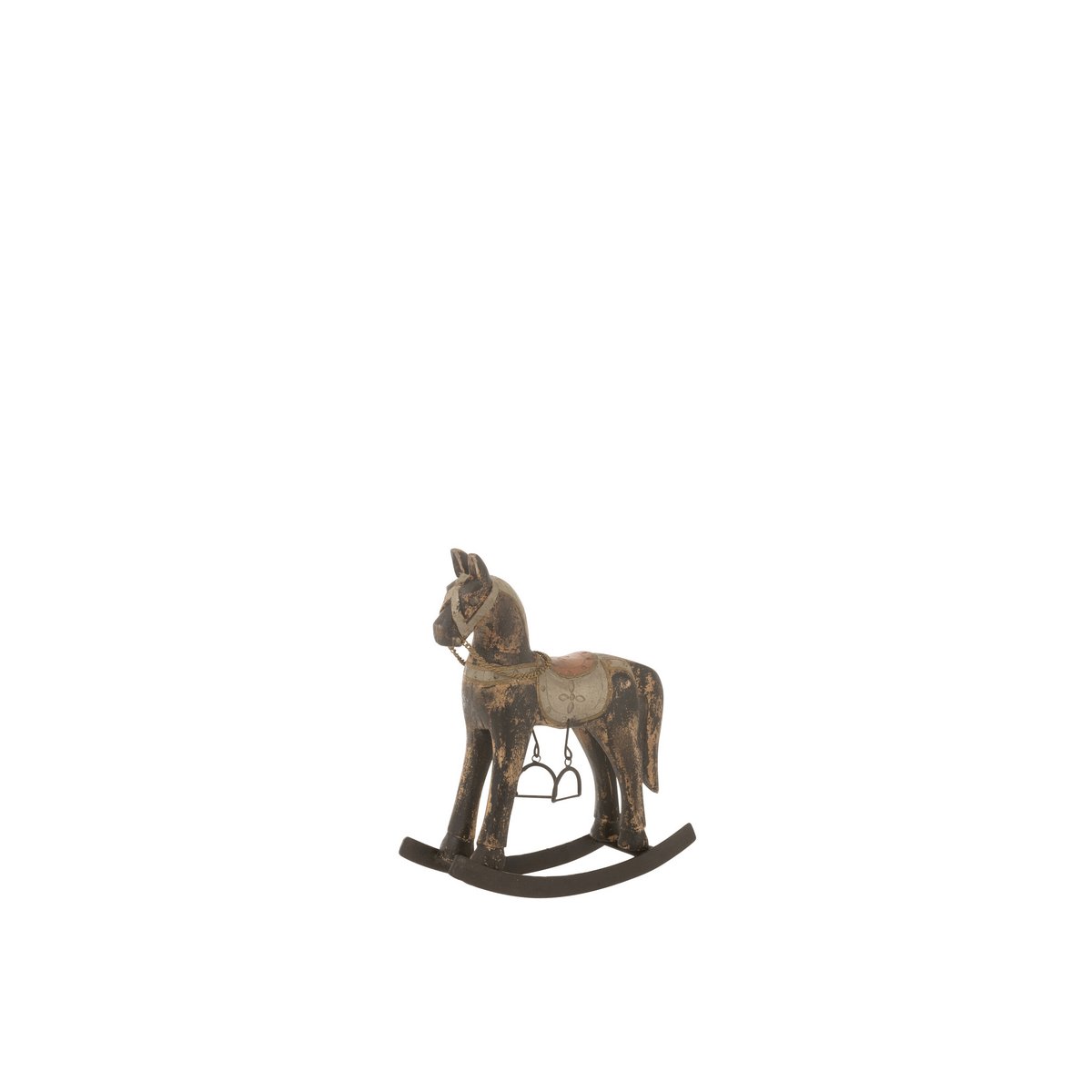 Détail du cheval à bascule J-Line, mélange bois et métal, ambiance vintage