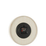 Détail de l'horloge J-Line, finition en bois blanc moderne.