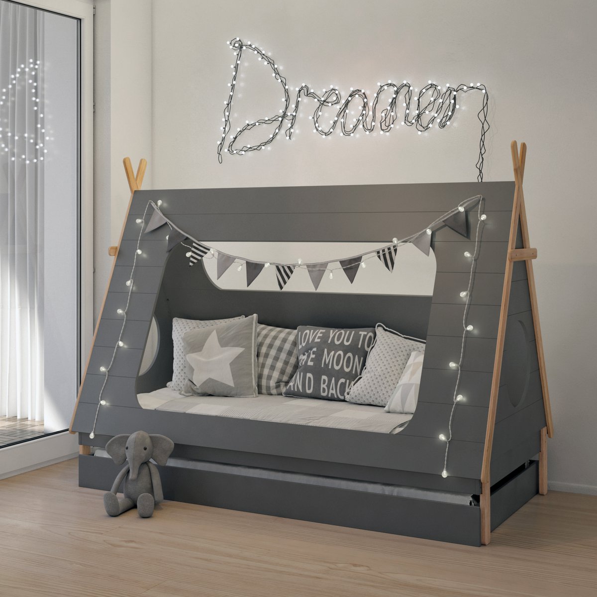 Lit enfant avec tiroir fermé, design scandinave